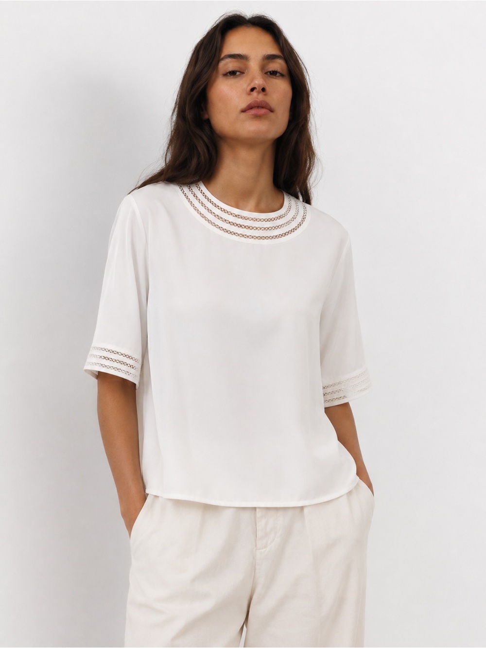 Vintage White Boxy Top with Lace Style Detail